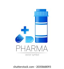Símbolo del logotipo de vectores Jar de Medicina Botella médica de estilo plano Elemento de diseño de píldoras para farmacia de color azul con cruz