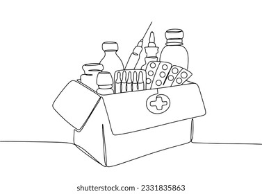 Medicine kit for humanitarian aid. Required medications. World Humanitarian Day. One line drawing for different uses. Vector illustration.