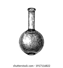 Medicine laboratory equipment sketch. Hand-sketched glass flask illustration. Chemical lab testing tools. Vector flat bottomed flask for science experiments, alchemy, perfumery, cosmetics. 