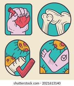 Medicine laboratory health care sticker badge isolated set. Vector flat cartoon graphic illustration
