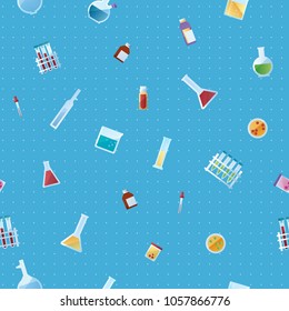 Medicine laboratory seamless pattern on blue background. Color vector illustration.