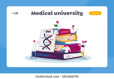 Medicine Landing Page Template. Tiny Medical Interns Characters in White Robes Studying on Huge Books Pile Prepare for Examination, Students Learning in Institute. Cartoon People Vector Illustration
