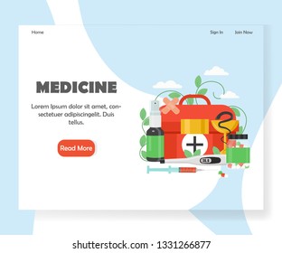 Medicine landing page template. Vector flat style design concept for medical website and mobile site development. First aid kit, syringe, plasters, thermometer, pills, spray bottle. Home health care.