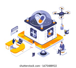 Plantilla vectorial de la página de inicio del medicamento. Diseño de interfaz de usuario del encabezado de la página de asistencia sanitaria de emergencia con ilustración isométrica. Concepto de isometría de banner web de laboratorio de medicamentos y recetas