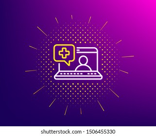 Medicine laptop line icon. Halftone pattern. Online medical help sign. Gradient background. Medical help line icon. Yellow halftone pattern. Vector