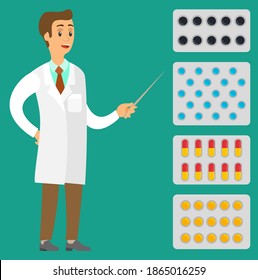 Medicine lesson at the university. Man in laboratory coat isolated on turquoise background. A male character with a pointer talks about pills. Professor explains a new topic in the field of medicine