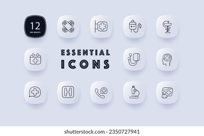 Icono de línea de medicina. Microscopio, más, cruz, yeso, herida, operación, doctor. Estilo neomorfista. Icono de línea de vector