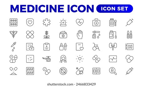 Medicine line Icon set collection. Set of vector line icons of Medicine and helth for weband apps. modern icon and various concepts, Set of flat signs and symbols for web and apps.