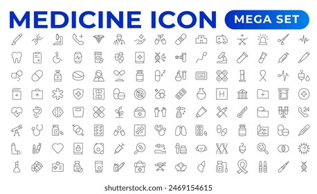 Medicine line Icon set collection. Set of vector line icons of Medicine and helth for weband apps. modern icon and various concepts, Set of flat signs and symbols for web and apps.