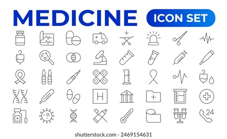 Medicine line Icon set collection. Set of vector line icons of Medicine and helth for weband apps. modern icon and various concepts, Set of flat signs and symbols for web and apps.