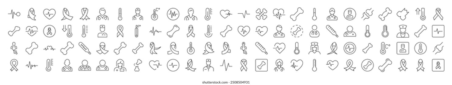 Medicine Line Icon Set. Contains Icons of Pink Ribbon, Thermometer, Bone, Doctor, Ill, Cardiogram that Can Be Used for Design of Cards, Posts, Apps, Web Sites