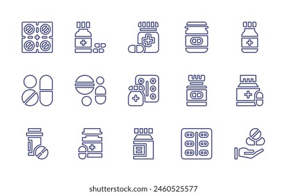 Conjunto de iconos de línea de medicamento. Trazo editable. Ilustración vectorial. Conteniendo medicinas, pastillas, drogas, uso, medicinas.