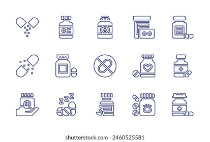 Medicine line icon set. Editable stroke. Vector illustration. Containing nodrugs, sleepingpills, medicine, vitamins, capsules, capsule.