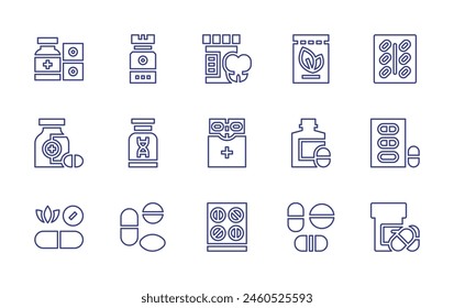 Conjunto de iconos de línea de medicamento. Trazo editable. Ilustración vectorial. Que contengan medicinas, pastillas, medicina alternativa.