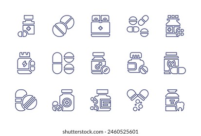 Medicine line icon set. Editable stroke. Vector illustration. Containing tablets, pills, medicines, vitamins, protein, medicine.