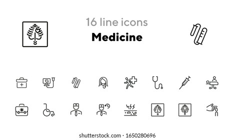 Medicine line icon set. Set of line icons on white background. Healthcare concept. Doctor, drug products, medicine. Vector illustration can be used for topics like hospital, healthcare