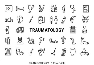 Medicine line icon set of traumatology. Vector illustration.