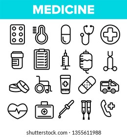 Medicine Line Icon Set Vector. Pharmacy Emergency Symbol. Drug Medicine. Clinic, Hospital Icon. Thin Outline Web Illustration