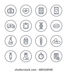 medicine line icons in circles, health care, pharmaceutics, drugs, medicine chest, therapy, thermometer, vector illustration