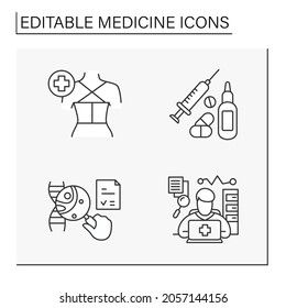 Medicine line icons set. GNA research, drugs and nasal spray, treatment, spine fixation, consultation with doctor. Healthcare concept. Isolated vector illustrations. Editable stroke