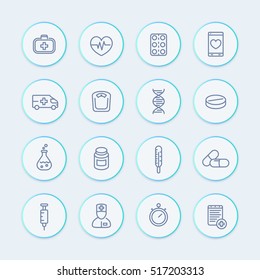 medicine line icons set, healthcare, pharmaceutics, drugs, medicine chest, ambulance, therapy, thermometer