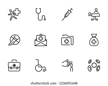 Medicine line icons. Set of line icons on white background. Healthcare concept. Ambulance, syringe, danger. Can be used for topics like pharmacy, medicine, hospital