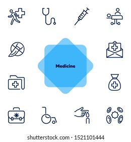 Medicine line icons. Set of line icons on white background. Healthcare concept. Ambulance, syringe, danger. Can be used for topics like pharmacy, medicine, hospital