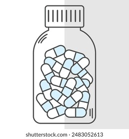 Medicine linear container with blue and white pills. Tablets bottle icon
