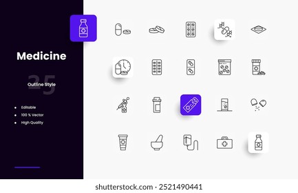 Conjunto de iconos de líneas de medicamento. Géneros y atributos de la medicina. Diseño lineal. Líneas con trazo editable. Iconos aislados del vector.