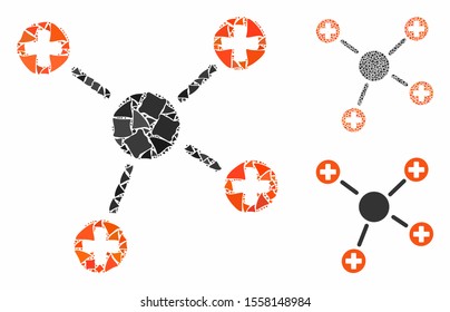Medicine links composition of raggy elements in different sizes and shades, based on medicine links icon. Vector humpy dots are united into composition.