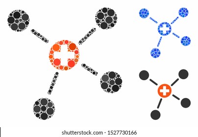 Medicine links mosaic of small circles in various sizes and color tones, based on medicine links icon. Vector dots are composed into blue mosaic. Dotted medicine links icon in usual and blue versions.