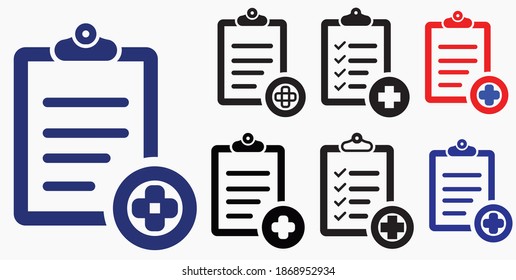 Medicine and list icon. Patient treatment. Medicines for the patient. Doctor's notes. Vector icon.