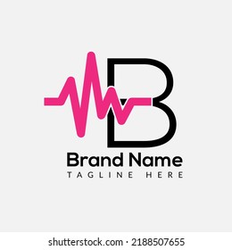 Medicine Logo On Letter B Template. Medical Icon On B Letter, Initial Heart Beats, Health Sign Concept