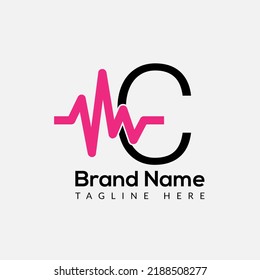 Medicine Logo On Letter C Template. Medical Icon On C Letter, Initial Heart Beats, Health Sign Concept