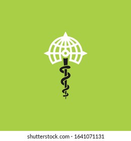 Medicine logo with snake vector illustration isolated on green background