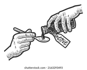 medicine love in hands sketch engraving vector illustration. T-shirt apparel print design. Scratch board imitation. Black and white hand drawn image.