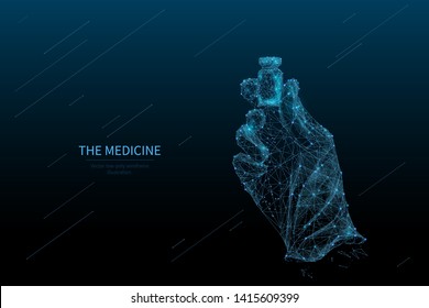 Medicine low poly wireframe banner template. Polygonal medical laboratory analysis, scientific lab testing mesh art illustration. Navy 3D scientist hand holding antibiotic medicine in tube
