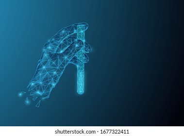 Medizin Low-Poly-Wireframe-Banner-Vorlage. Polygonale medizinische Laboranalysen, wissenschaftliche Labortests Mesh-Kunstgrafik. 3D-Wissenschaftlerhandröhre.