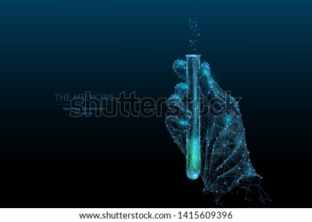 Medicine low poly wireframe banner template. Polygonal medical laboratory analysis, scientific lab testing mesh art illustration. 3D scientist hand holding tube with connected liquid
