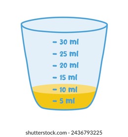 Taza de medición de medicamentos con medicamento líquido o jarabe, vector de estilo doodle