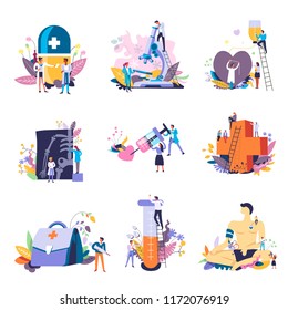 Medicine and medical conceptual icons. Vector small people doctors with big syringe