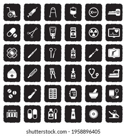 Medicine And Medical Devices. Grunge Black Flat Design. Vector Illustration.