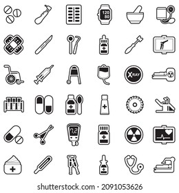 Medicine And Medical Devices Icons. Line With Fill Design. Vector Illustration.