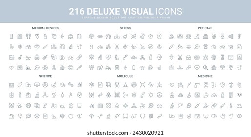 Medicine and medical equipment, science research line icons set. Pet care and veterinary clinic, pressure of stress, molecules and algorithm of experiments thin black symbols vector illustration