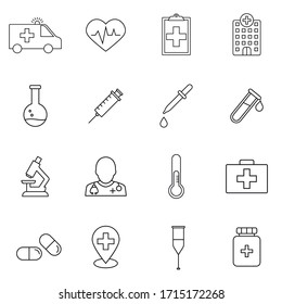 Medicine and medical equipment vector linear icons set. Medicine and health outline symbols pack. Ambulance