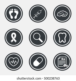 Medicine, medical health and diagnosis icons. Syringe injection, heartbeat and pills signs. Tooth, neurology symbols. Circle flat buttons with icons and border. Vector