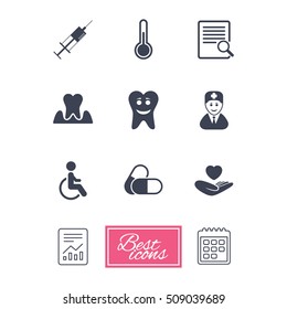 Medicine, medical health and diagnosis icons. Capsules, syringe and doctor signs. Tooth parodontosis, disabled person symbols. Report document, calendar icons. Vector