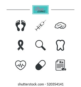 Medicine, medical health and diagnosis icons. Syringe injection, heartbeat and pills signs. Tooth, neurology symbols. Black flat icons. Classic design. Vector