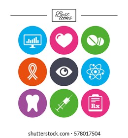 Medicine, medical health and diagnosis icons. Syringe injection, heart and pills signs. Tooth, awareness ribbon symbols. Classic simple flat icons. Vector