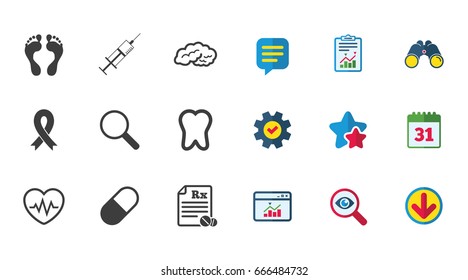 Medicine, medical health and diagnosis icons. Syringe injection, heartbeat and pills signs. Tooth, neurology symbols. Calendar, Report and Download signs. Stars, Service and Search icons. Vector